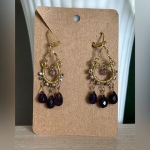 Delicate beaded faux purple pearl accent chandelier costume jewelry earrings.